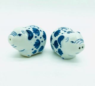 Vintage Ceramic Pig Salt & Pepper Shakers • Blue & White • Pigs
