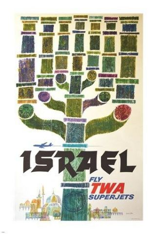 Fly Twa Vintage Travel Poster Israel Traditional Menorah Religious 24x36 Hot
