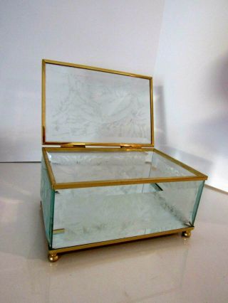 Vintage Glass And Brass Trinket / Jewelry Box With Hinged Lid Etched Leave Desig