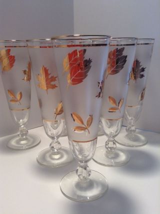 Vintage Libbey Gold Leaf Frosted Footed Pilsner Glasses,  Set Of 7