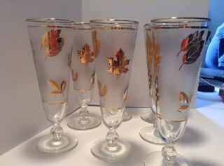Vintage Libbey Gold Leaf Frosted Footed Pilsner Glasses,  set of 7 3