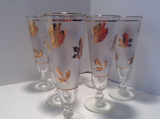 Vintage Libbey Gold Leaf Frosted Footed Pilsner Glasses,  set of 7 4