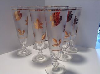 Vintage Libbey Gold Leaf Frosted Footed Pilsner Glasses,  set of 7 5