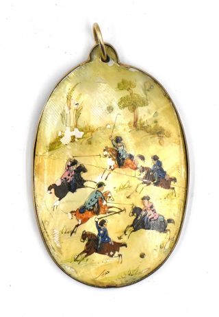 Vintage Asiana Mother Of Pearl Abalone Pendant Hand Painted Polo Scene 14k Gold