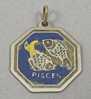 Vintage Silver Plated Enameled Painted Pisces Zodiac Bracelet Charm Pendant