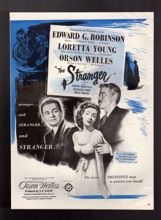 1946 The Stranger Orson Welles Loretta Young Edward G Robinson Vintage Print Ad