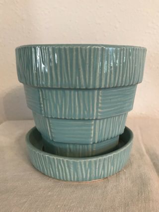 Vintage Mccoy Pottery Aqua Or Turquoise Basket Weave Flower Pot Attached Saucer