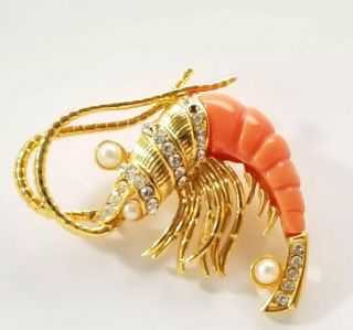 Vintage Hattie Carnegie Shrimp Brooch Rhinestones Faux Pearl - Missing 2 Stones