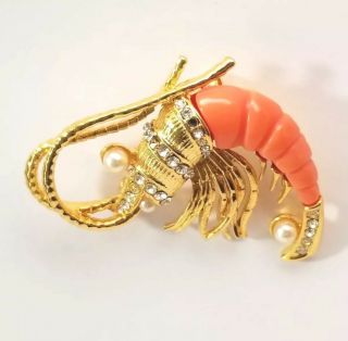 Vintage Hattie Carnegie Shrimp Brooch Rhinestones Faux Pearl - Missing 2 Stones 3