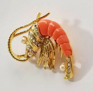 Vintage Hattie Carnegie Shrimp Brooch Rhinestones Faux Pearl - Missing 2 Stones 4