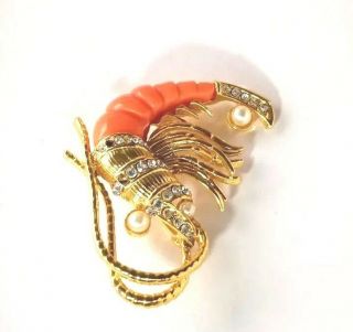 Vintage Hattie Carnegie Shrimp Brooch Rhinestones Faux Pearl - Missing 2 Stones 5