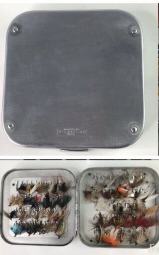 Vintage Wheatley Silmalloy Metal Fly Fishing Box 4 3/8 X 4 3/8 70,  Flies