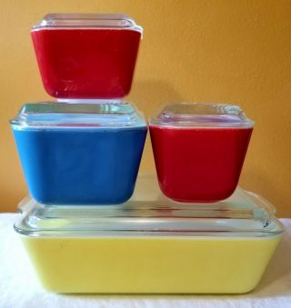 Vintage Pyrex Primary Colors Refrigerator Dish Set Of 4,  501s 502 503 With Lids