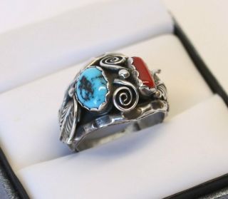 Vintage Old Pawn Navajo Turquoise & Coral Sterling Silver Ring Fred Harvey Era