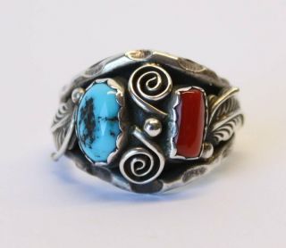 Vintage Old Pawn Navajo Turquoise & Coral Sterling Silver Ring Fred Harvey Era 2