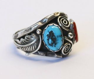Vintage Old Pawn Navajo Turquoise & Coral Sterling Silver Ring Fred Harvey Era 3