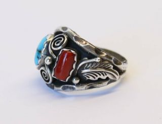 Vintage Old Pawn Navajo Turquoise & Coral Sterling Silver Ring Fred Harvey Era 4