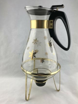 Vintage Pyrex Snowflakes Coffee Beverage Carafe With Gold Tone Base