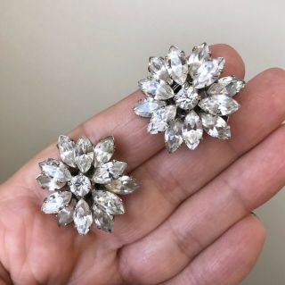 Vintage Donald Simpson Silver Tone Clear Crystal Rhinestone Clip On Earrings
