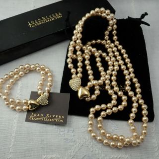 Vtg Joan Rivers Faux Pearl Double Row Pave Heart Clasp Necklace Bracelet Set