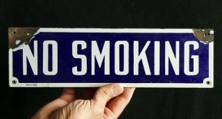 Vintage Porcelain No Smoking Sign 12” X 3.  5 " Blue And White
