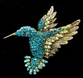 High Style Hummingbird Brooch Retro Vintage Sky Blue Rhinestone Collector Pin