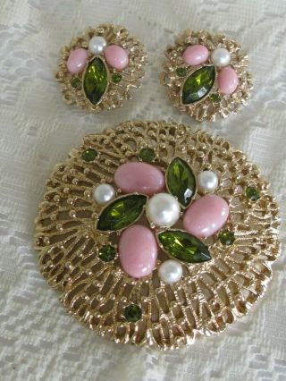 Vintage Sarah Coventry Splendor Pink Cabochon & Rhinestone Brooch Earring Set H6