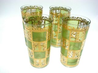Set Of 4 Vintage Retro Glassware Barware Gold Gilded Tumblers Green Gold Water