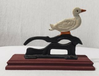 Vintage Cast Iron Duck Nutcracker On Wood Base Hand Painted Figure Unique Rare