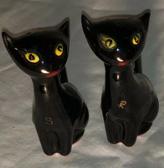 Vintage Mid Century Halloween Black Siamese Cat Salt & Pepper Shakers Yellow Eye