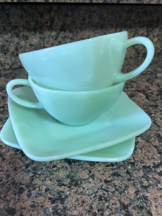 Vintage Fire King Green Jadeite Square Charm Cups Saucers Set Of 2