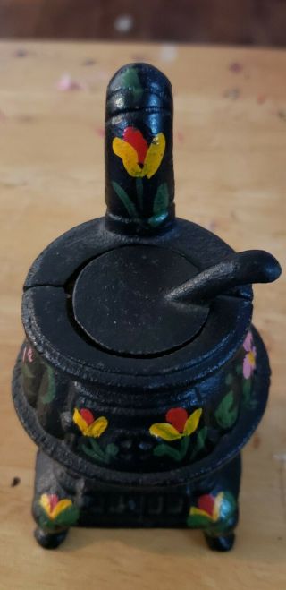 Vintage Miniature Cast Iron Pot Belly Stove Black W/hand Painted Flowers