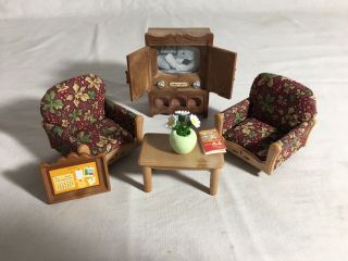 Calico Critters/sylvanian Families Living Room Chairs With Vintage Tv