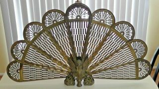Vintage Fireplace Screen Folding Fan Ornate Peacock Style
