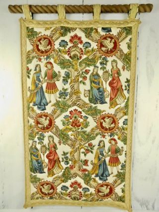 Medieval French Renaissance Tapestry Wall Hanging 34x21 Inch Wooden Dowel Hanger