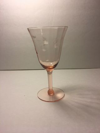 Vintage Depression Glass Pink Etched Floral Wine Elegant Stem 6 1/2”