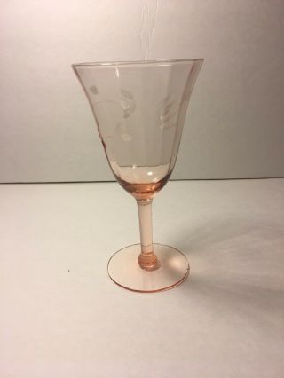 Vintage Depression GLASS Pink ETCHED Floral Wine Elegant STEM 6 1/2” 2