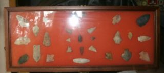 Vintage Or Antique Arrowhead And Spear Spear Heads In Display Case Spearheads