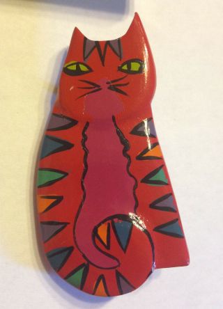 Vtg Hand Carved Painted Wood Cat Wooden Kitty Tabby Red Black Abstract Figural