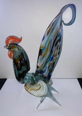 Vintage Murano Art Glass Rooster Statue/figurine 11”h Hand Blown Multicolored