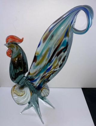 Vintage Murano Art Glass Rooster Statue/Figurine 11”H Hand Blown Multicolored 2