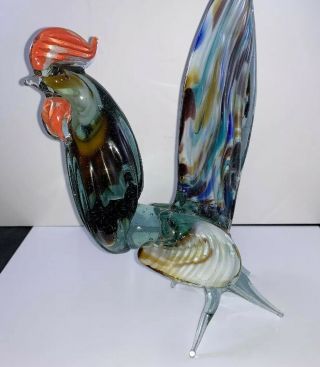 Vintage Murano Art Glass Rooster Statue/Figurine 11”H Hand Blown Multicolored 8