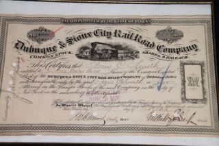 Dubuque And Sioux City Railroad Company 1879 Vintage Stock Certificate Framed