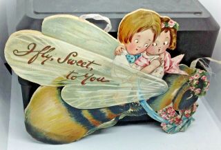 Vintage Large 8 Inch Valentine Card Raphael Tuck & Sons Honey Bee Boy Girl Fly