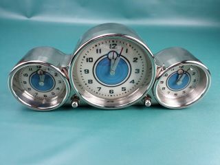 Pottery Barn Triple Face 3 Time Zones Dashboard Clock Silver Blue Light Up Retro