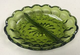 Vintage Green Glass Oval Divided Relish Nut Candy Dish