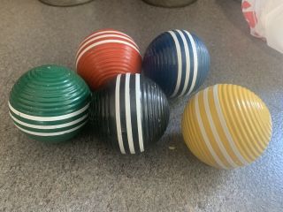 5 Vintage Wooden Croquet Balls Ribbed Striped Game Decor.