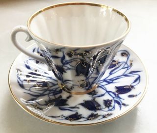 Lomonosov Russian Tea Cup Saucer Cobalt Blue Bell Bluebells Vintage 22k Gold