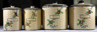 Vintage Hotta Yu Shoten Japan Basket Weave Floral Canister Set