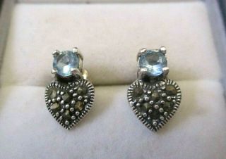 Vintage Solid Silver Marcasite And Blue Gemstone Heart Shaped Earrings